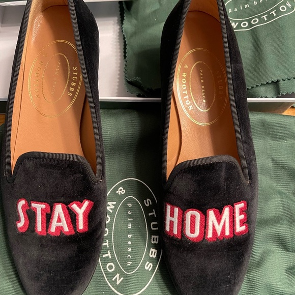 Stubbs & Wootton Black Velvet Loafers with Red Embroidery